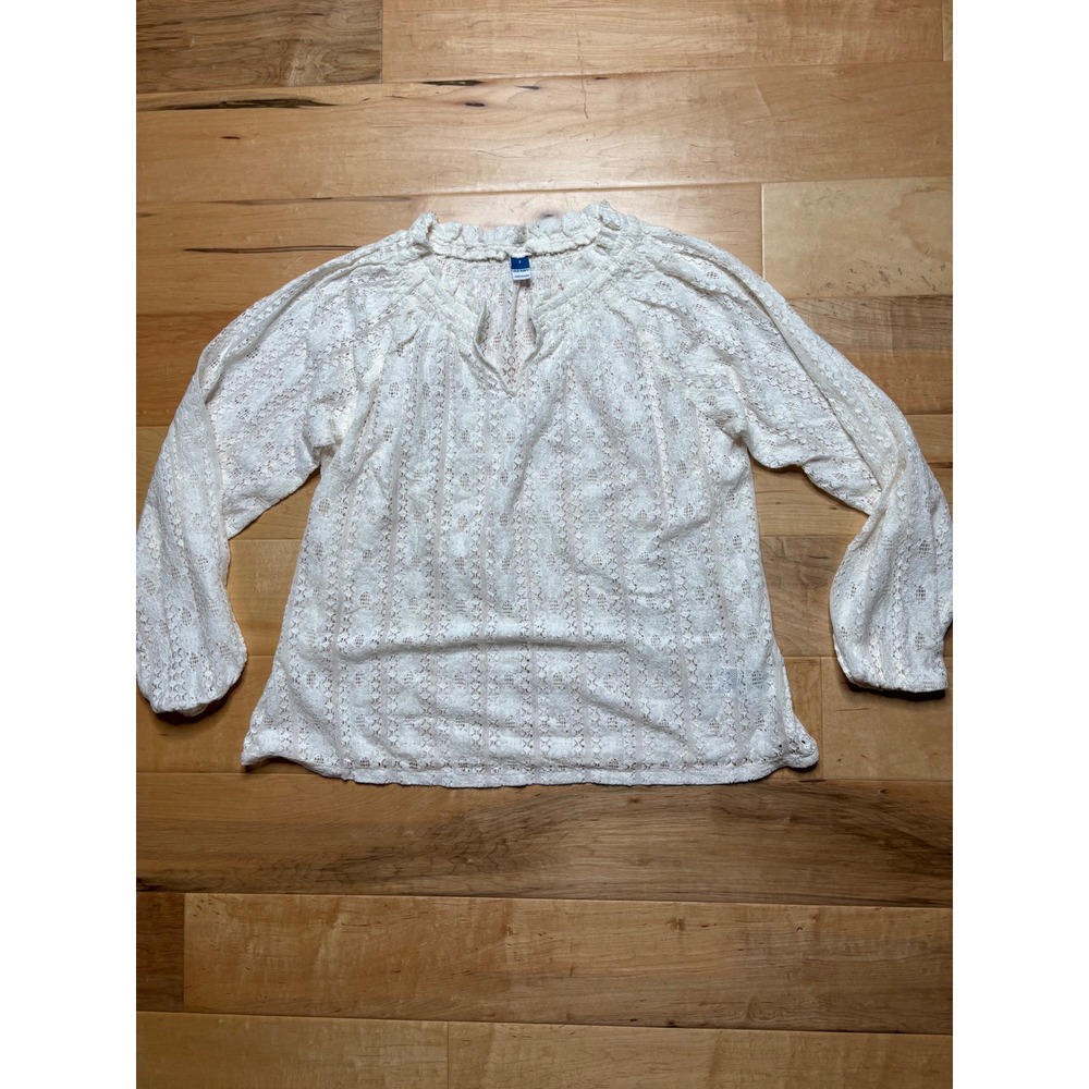 Old Navy Blouse Womens Small White Floral Eyelet Lace Ruffle Neck Top